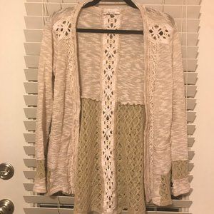 White and Beige Cardigan - Gold Thread Accents